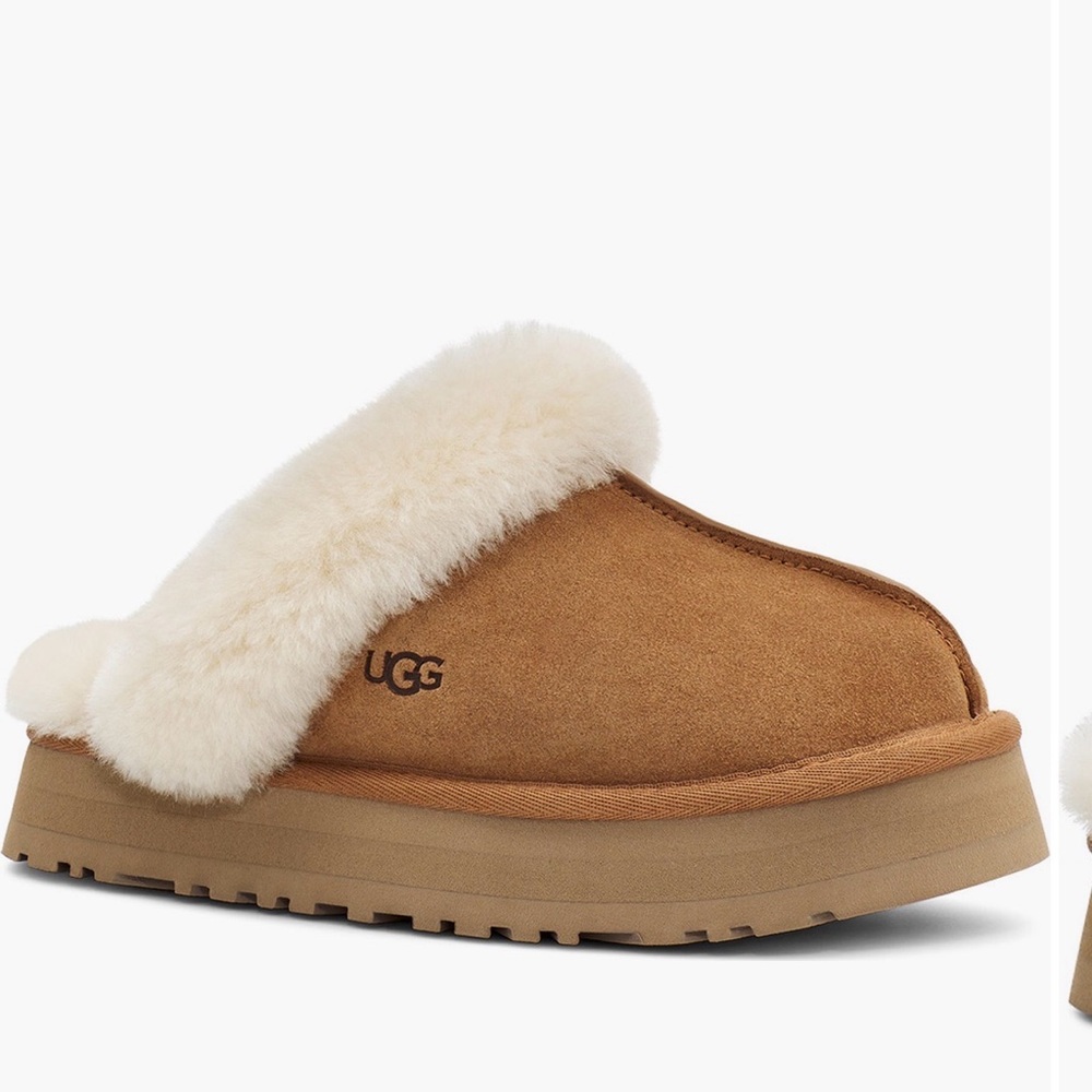 UGG DISQUETTE $165 SUEDE SHEARLING‎ CHESTNUT CUFF PLATFORM SLIPPERS US 7 EUC